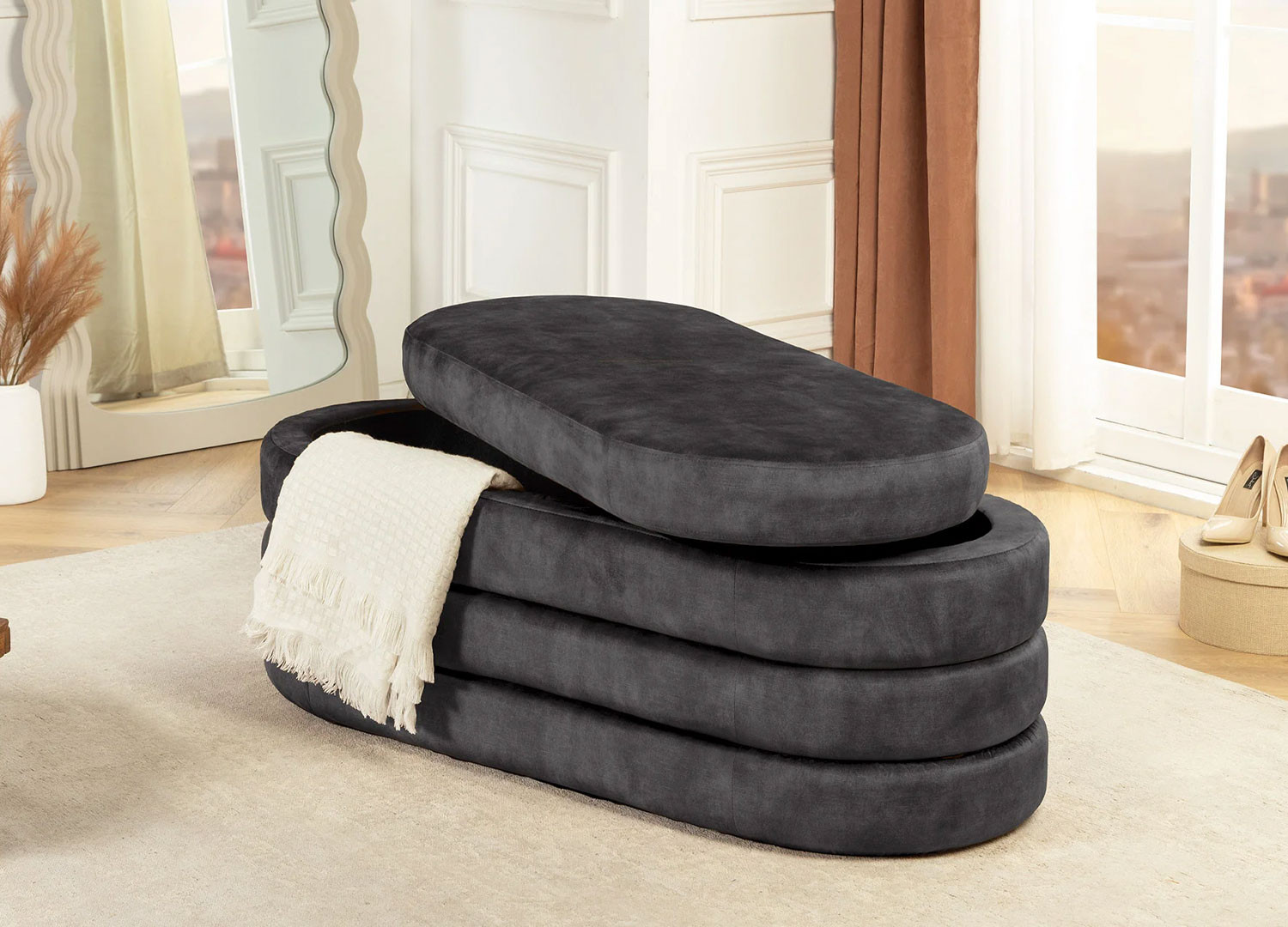 Banquette coffre velours gris avec rangement Hope