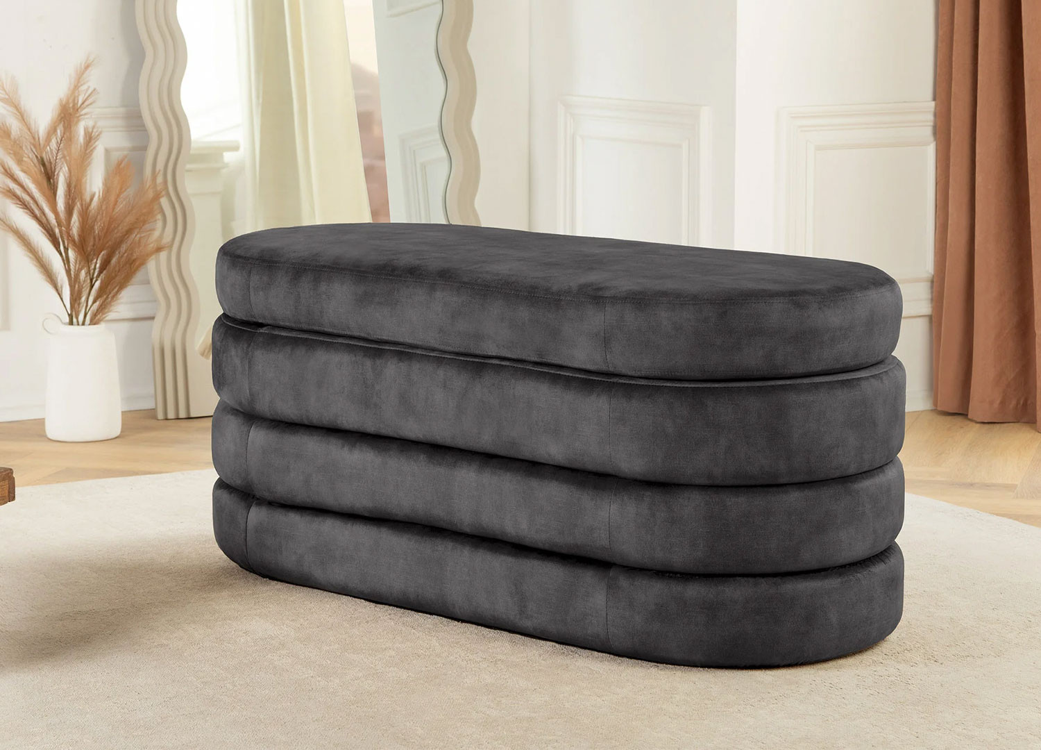 Banquette coffre velours gris avec rangement Hope