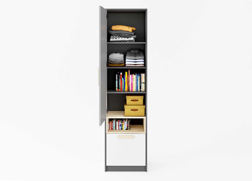 Bibliothèque fermée 1 porte et 1 tiroir grise et blanche