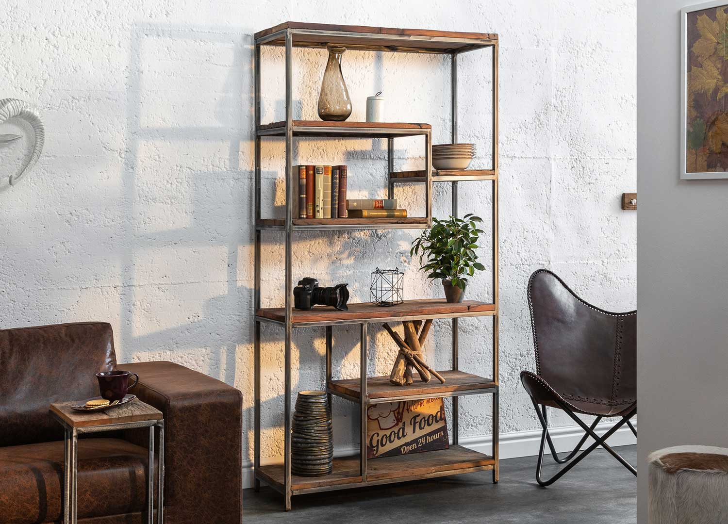 Bibliothèque industrielle 186 cm bois recyclé et métal