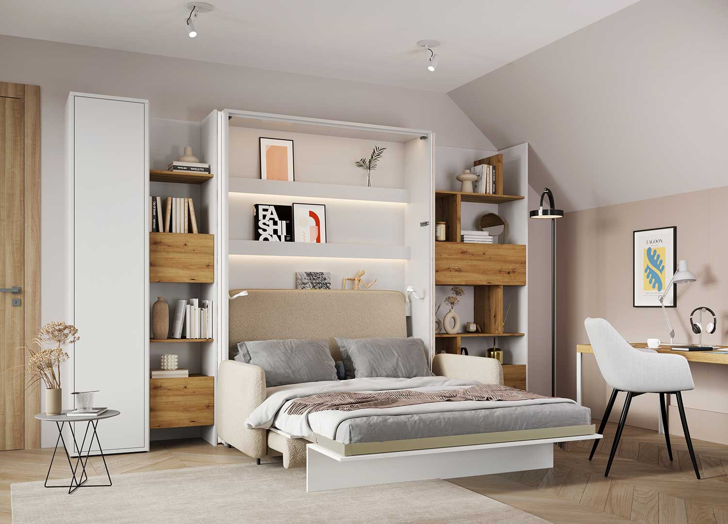 Bibliothèque moderne blanche et chêne artisan Bed Concept