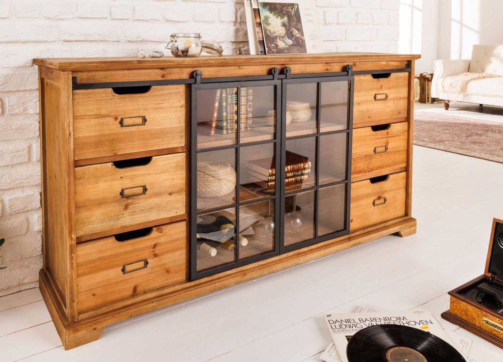 Buffet 2 portes coulissantes en verre et 6 tiroirs