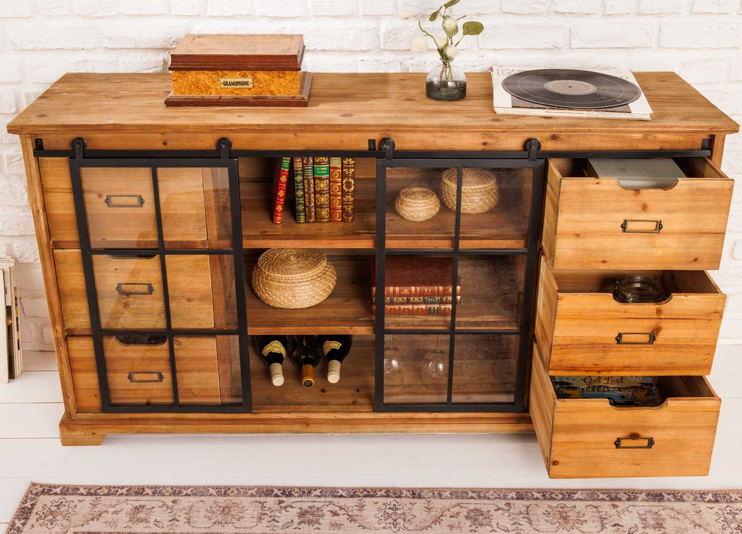 Buffet 2 portes coulissantes en verre et 6 tiroirs