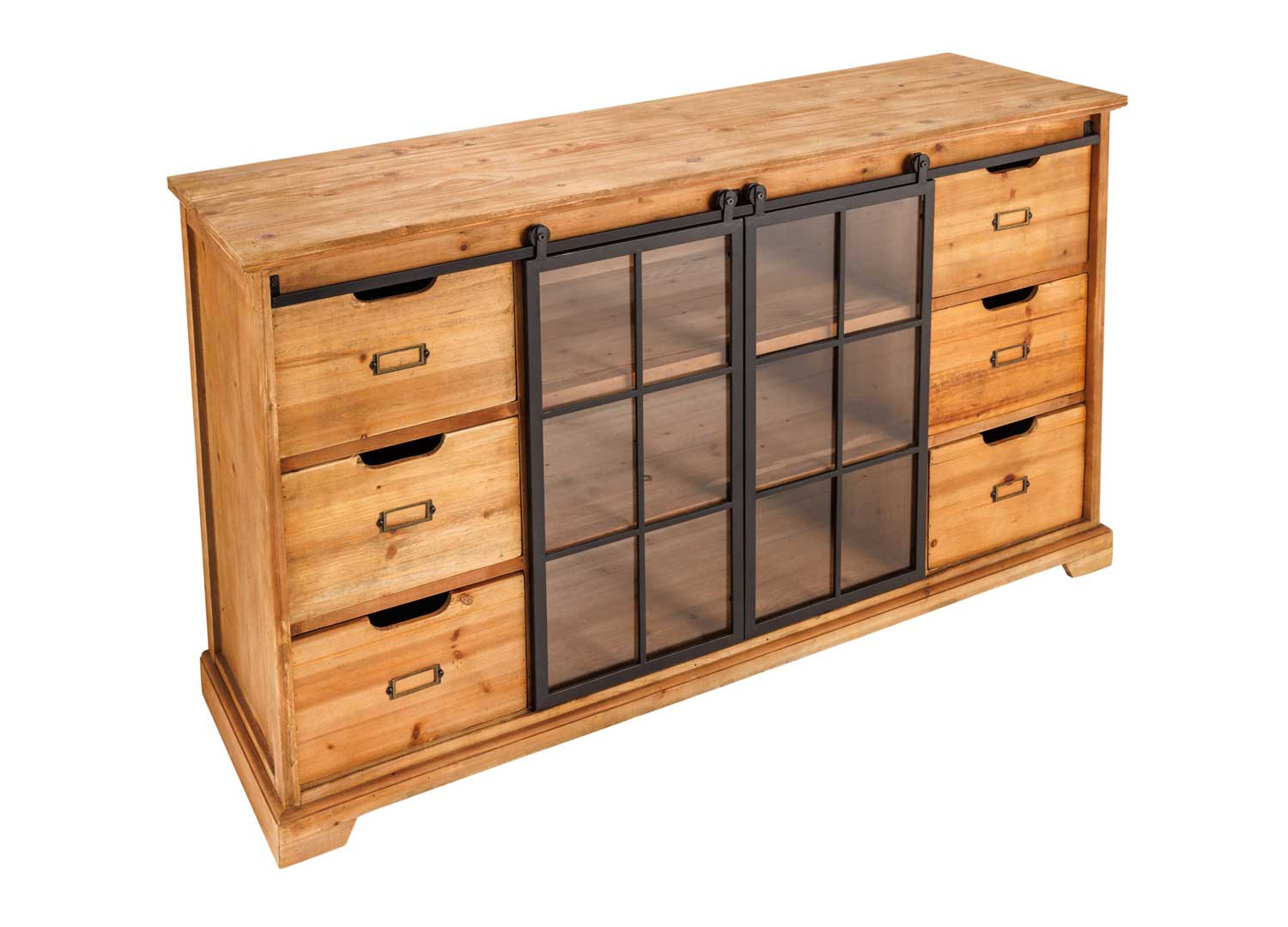 Buffet 2 portes coulissantes en verre et 6 tiroirs