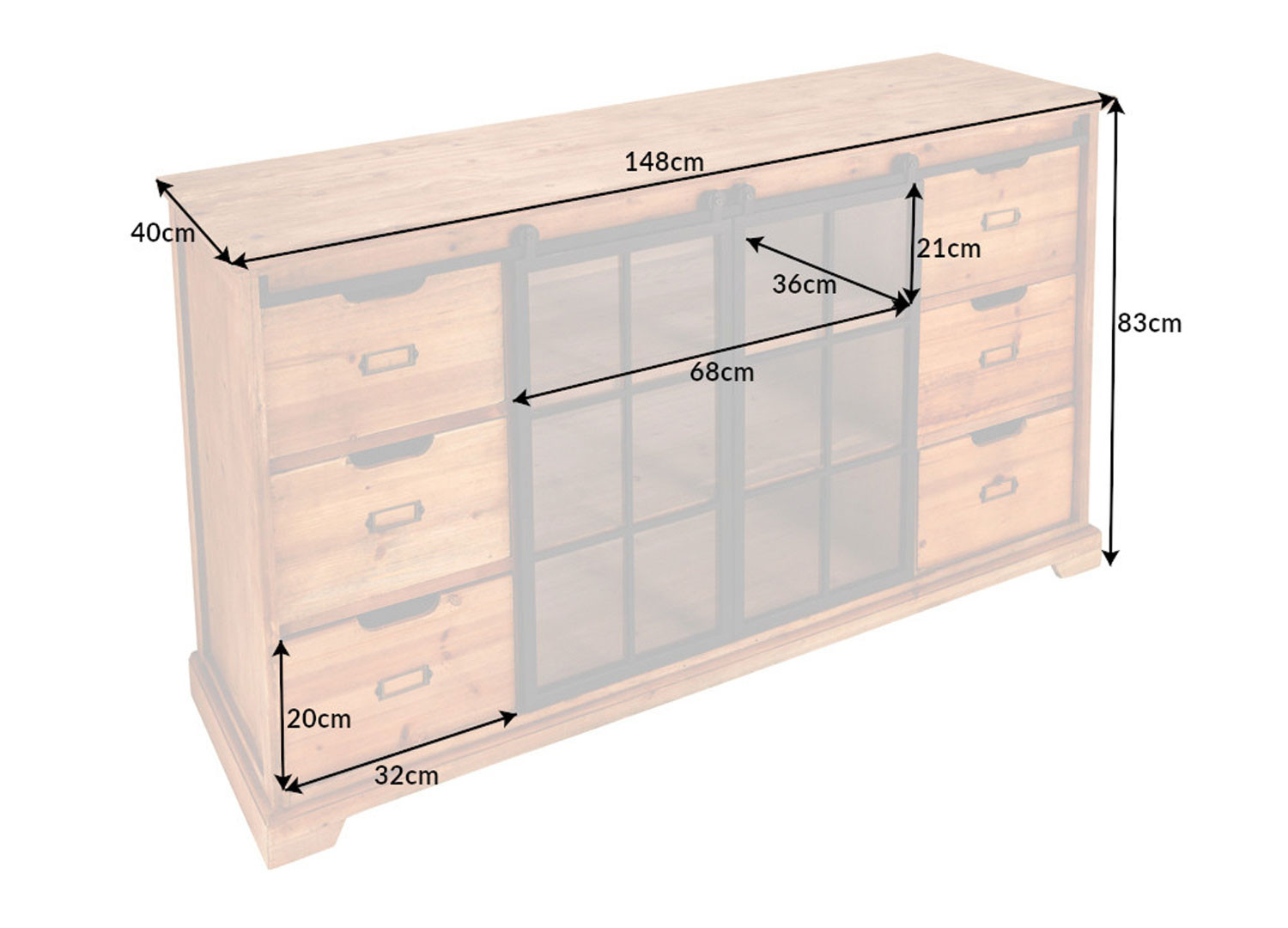 Buffet 2 portes coulissantes en verre et 6 tiroirs
