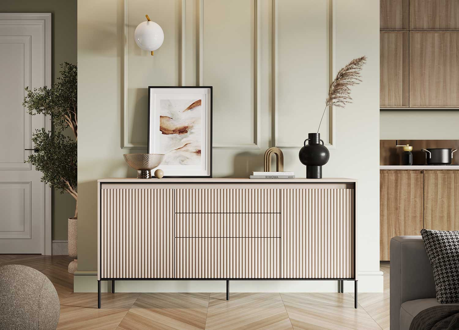 Buffet 2 portes et 3 tiroirs beige sable 166 cm