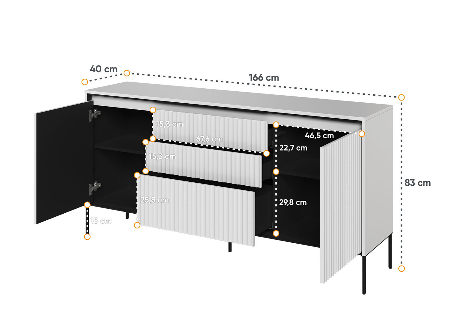 Buffet 2 portes et 3 tiroirs blanc à led 166 cm Trend