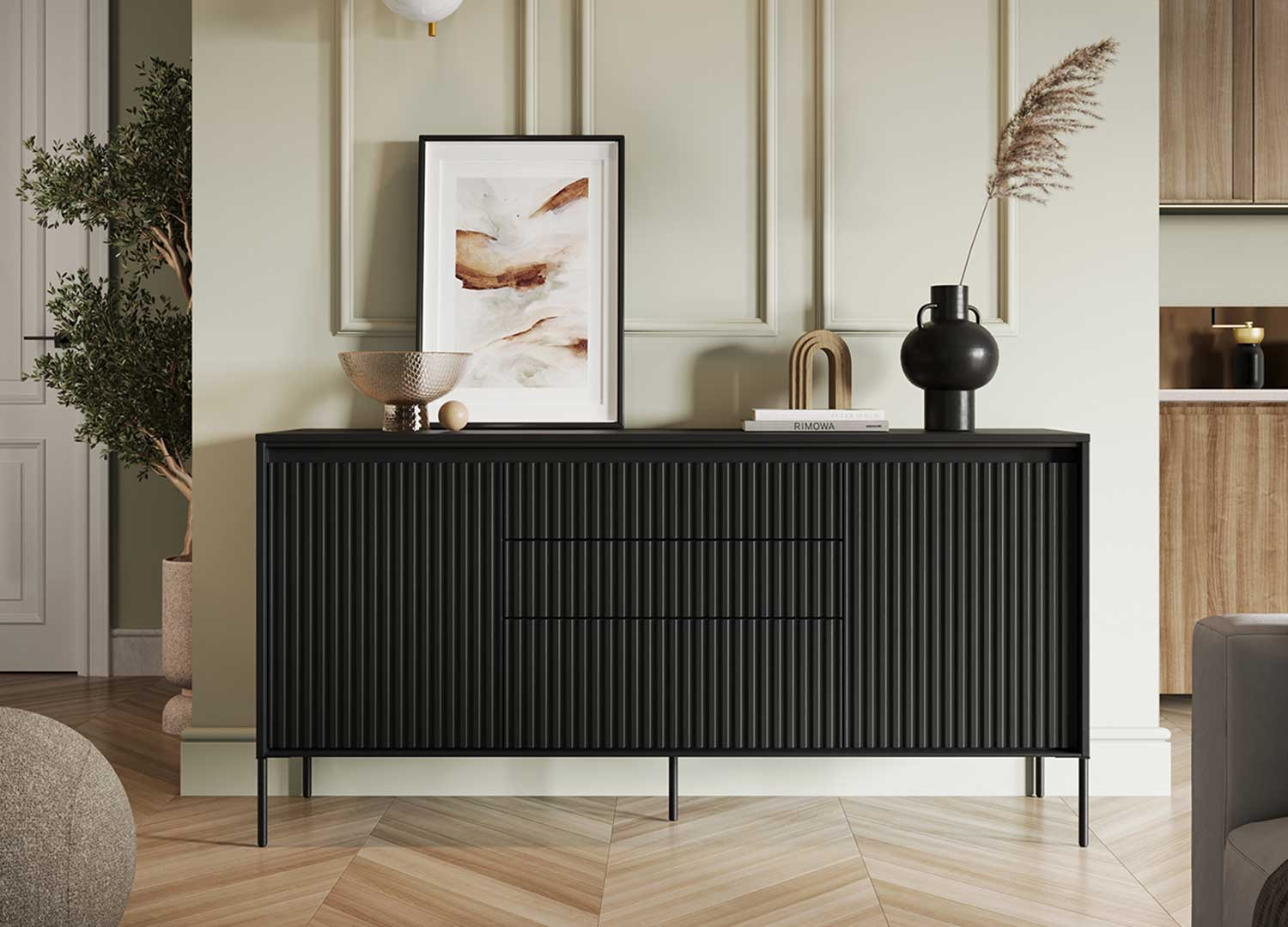 Buffet 2 portes et 3 tiroirs noir 166 cm