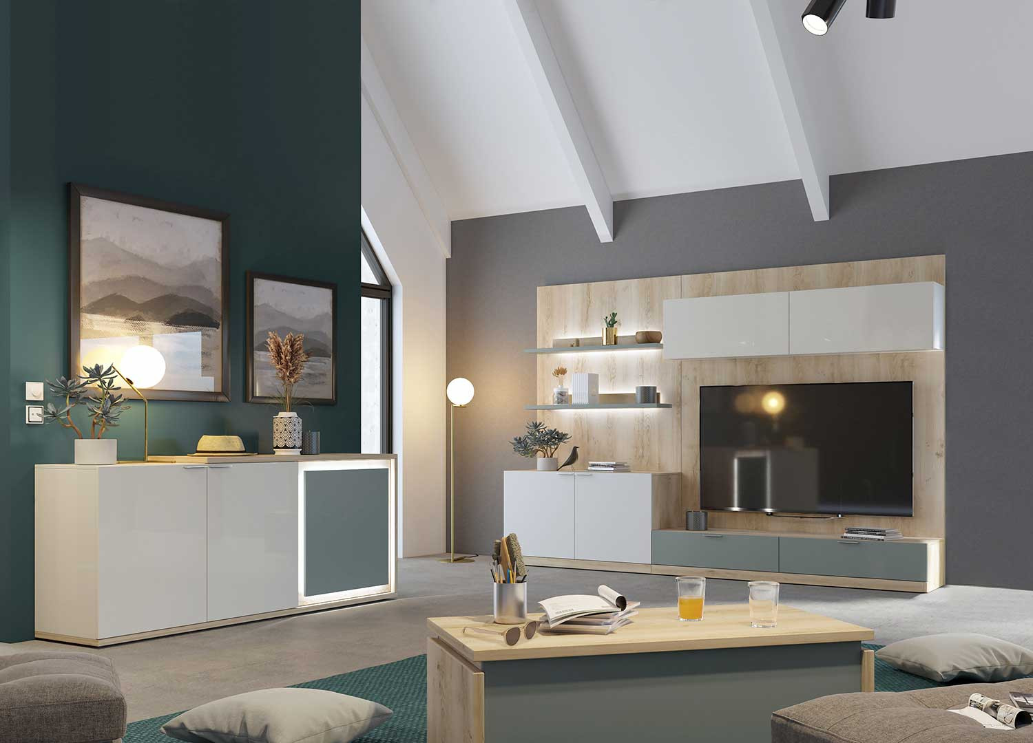 Buffet 3 portes 200 cm à LED Elska