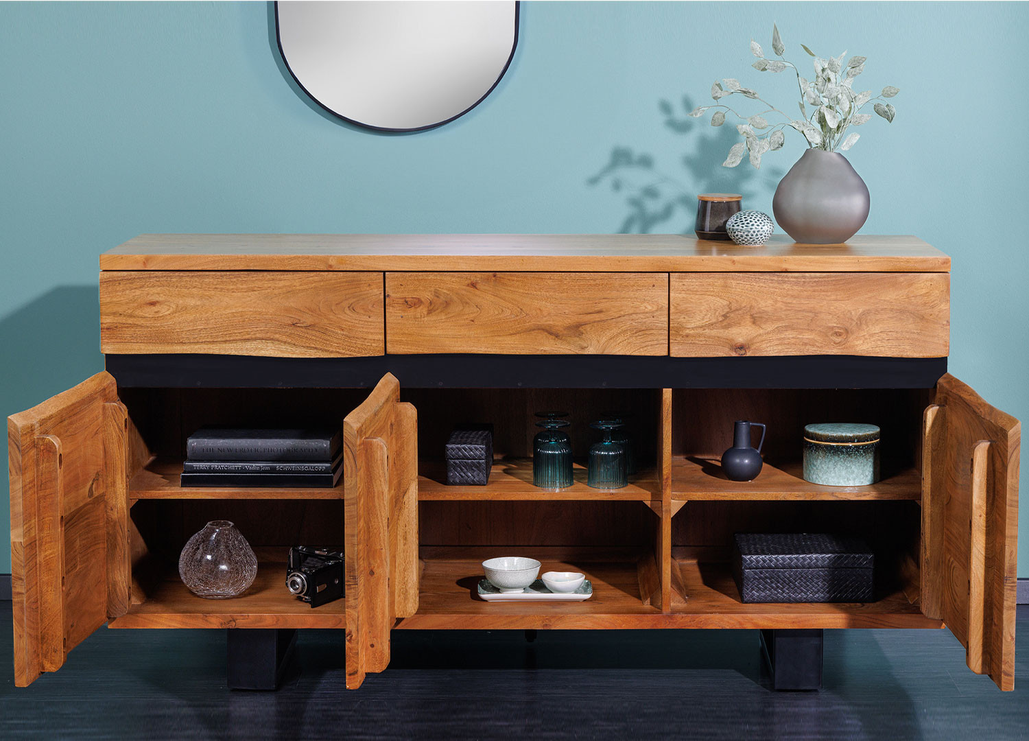 Buffet 3 portes bois massif acacia 160 cm