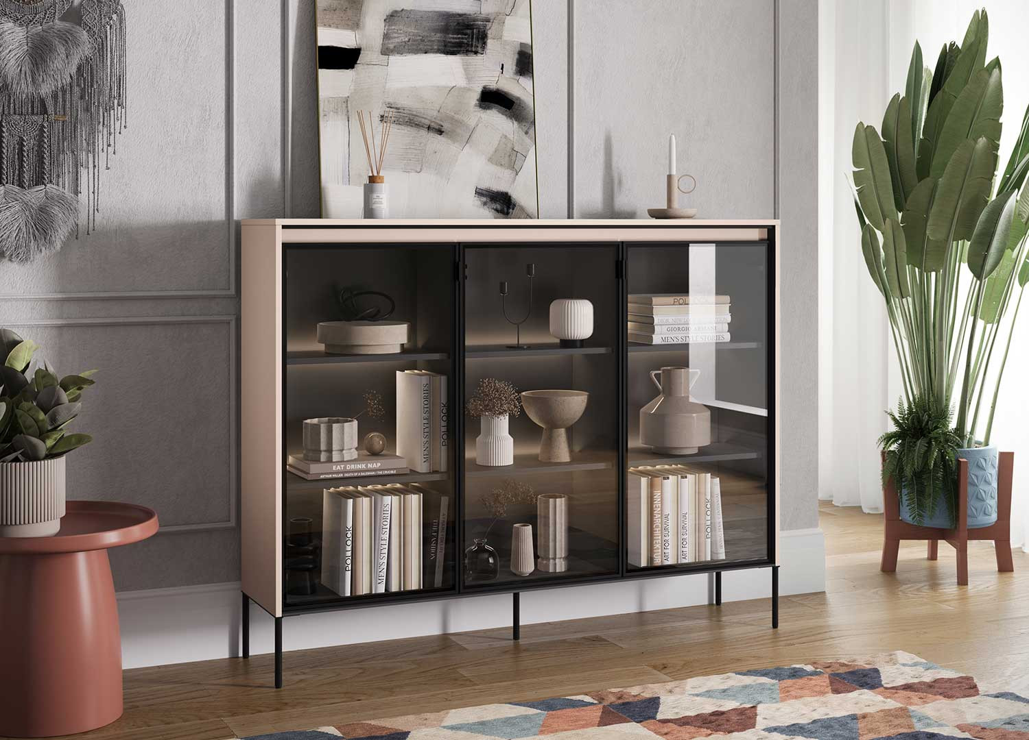 Buffet 3 portes en verre et beige sable