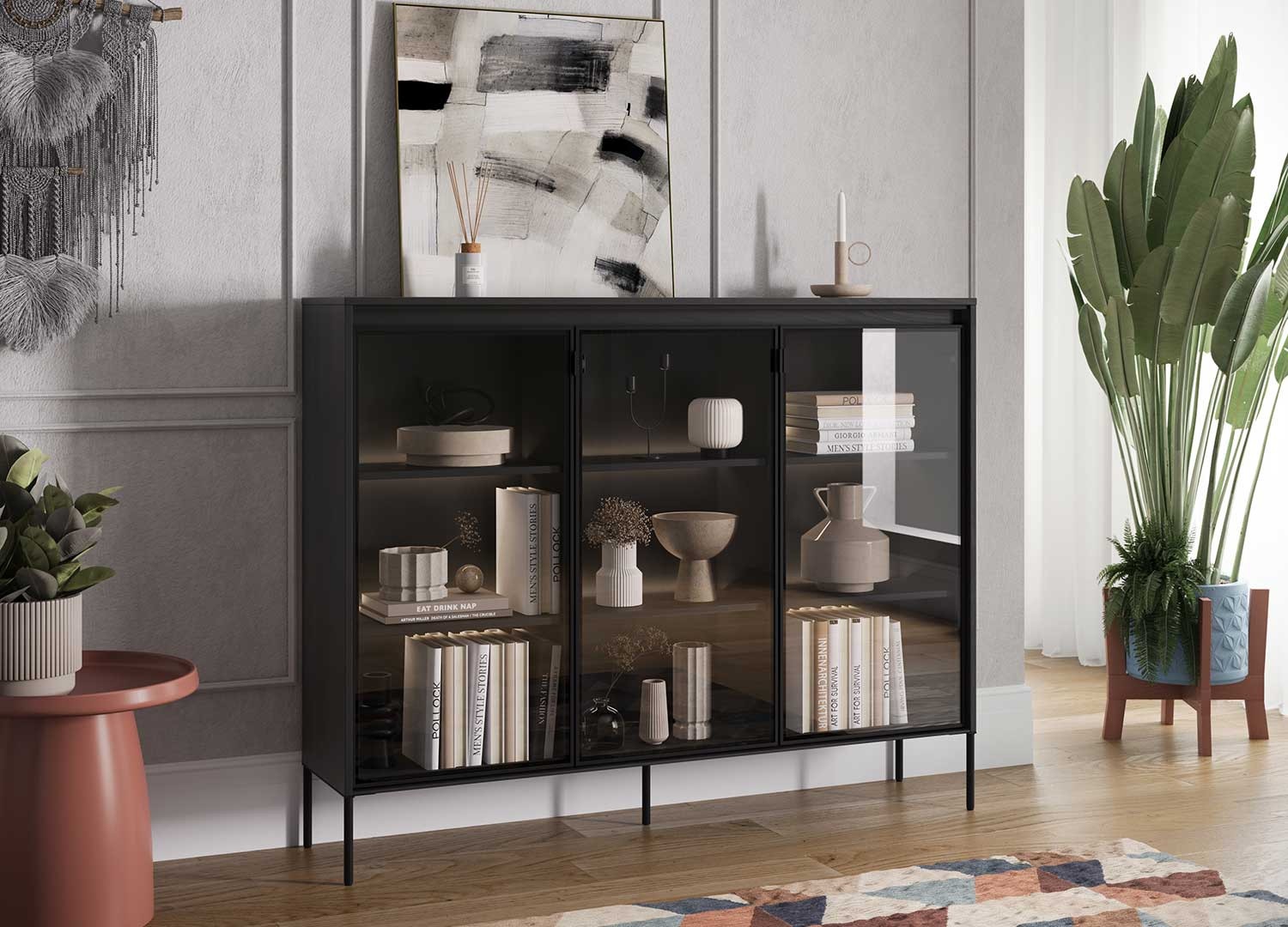Buffet 3 portes en verre et noir à led