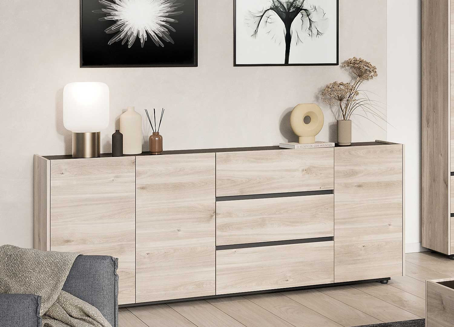 Buffet 3 portes et 3 tiroirs chêne et noir