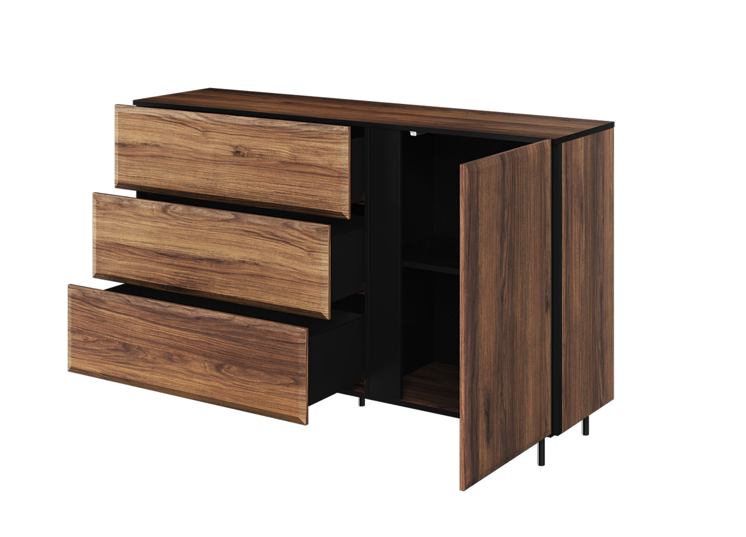 Buffet 3 tiroirs et 1 porte chêne foncé et noir 150 cm