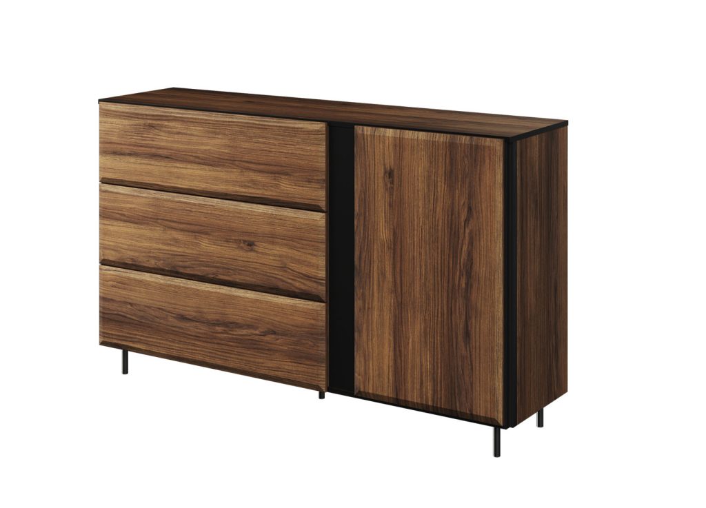 Buffet 3 tiroirs et 1 porte chêne foncé et noir 150 cm