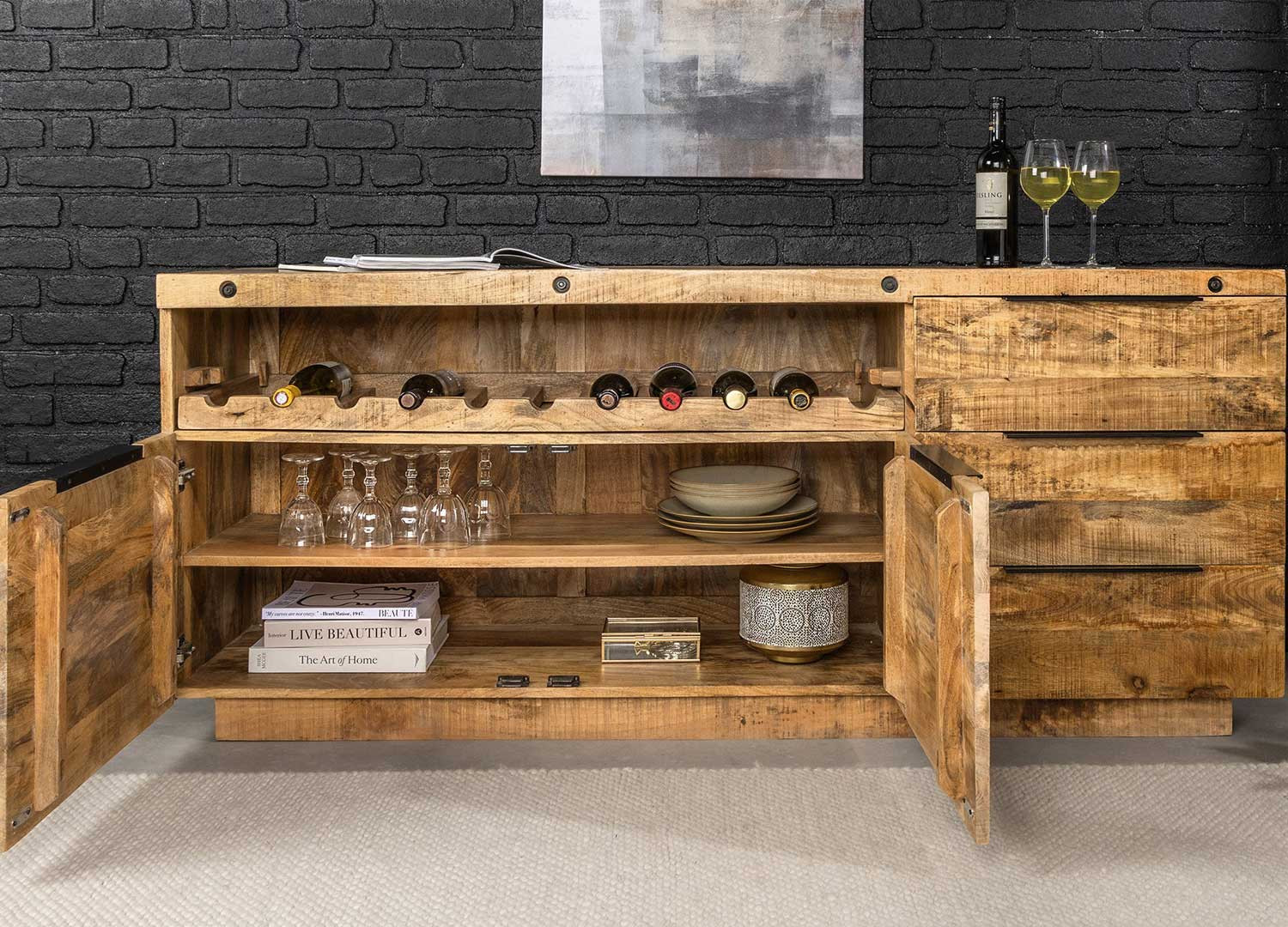 Buffet avec rangement à vin en bois de manguier Emery