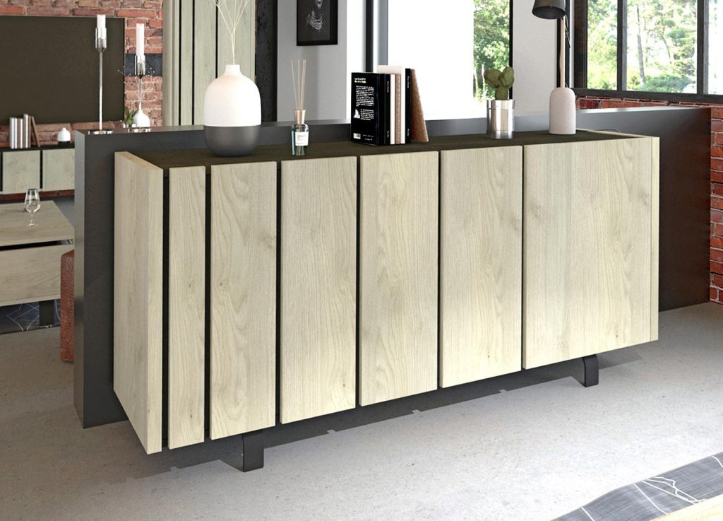 Buffet bahut design 3 portes chêne et décor noir