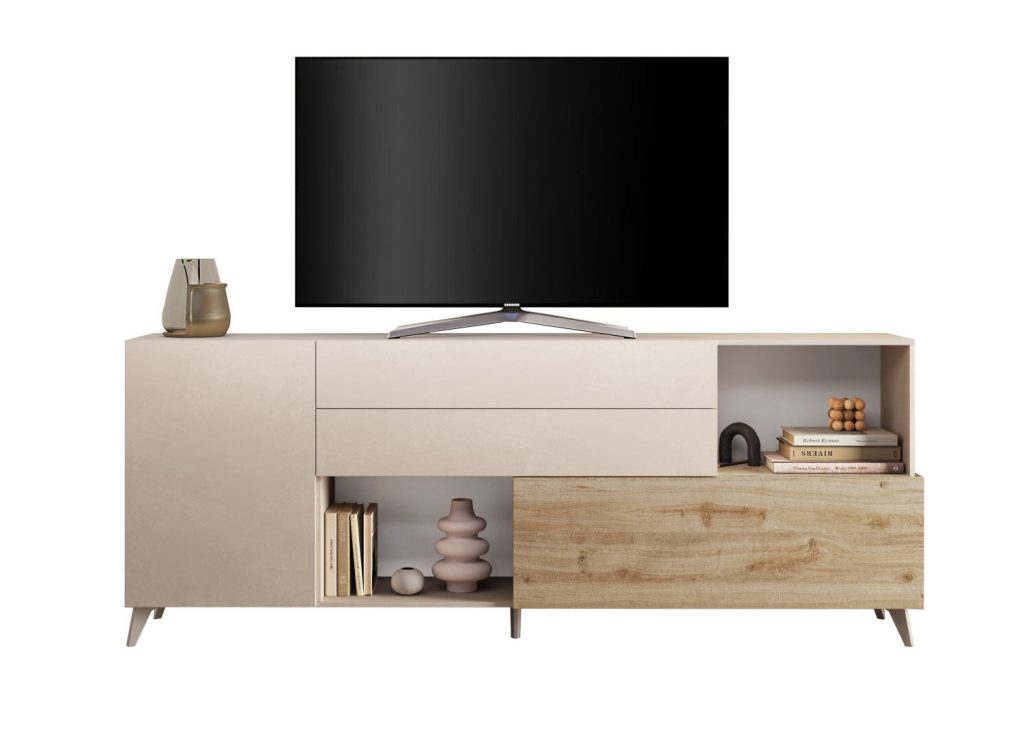 Buffet bas 2m41 tiroirs, portes et niches ouvertes