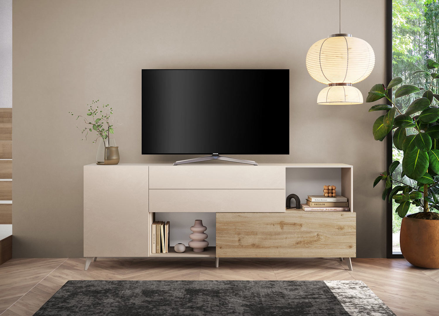 Buffet bas 2m41 tiroirs, portes et niches ouvertes