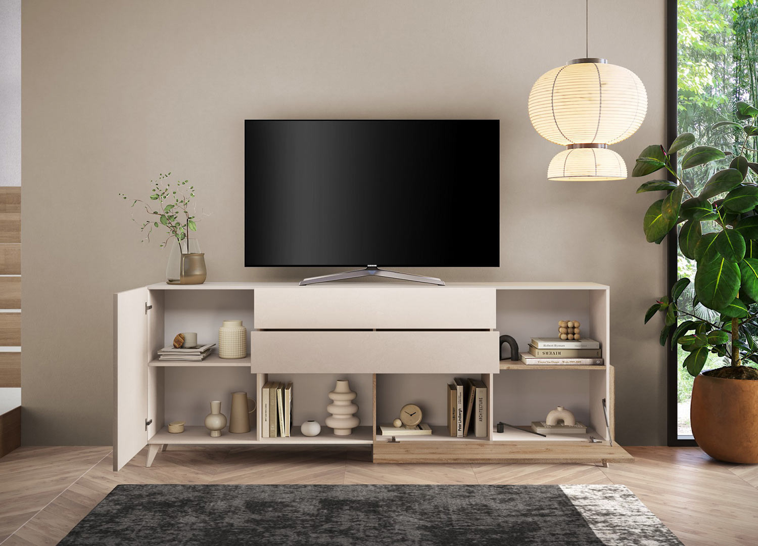 Buffet bas 2m41 tiroirs, portes et niches ouvertes