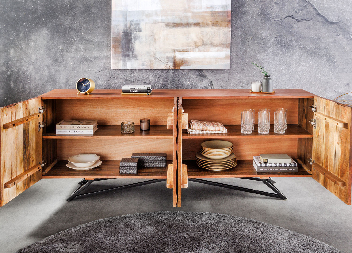 Buffet bas manguier marron et métal noir