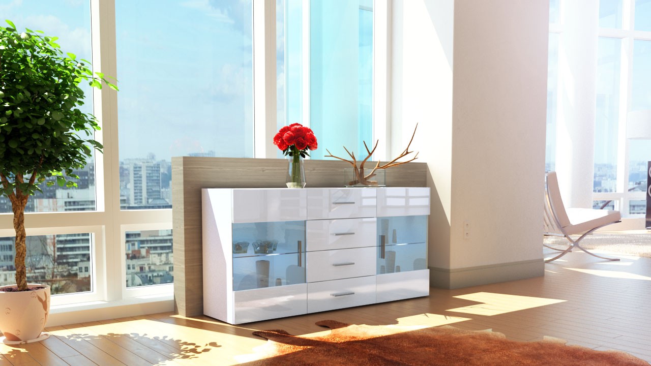 Buffet blanc 2 portes en verre