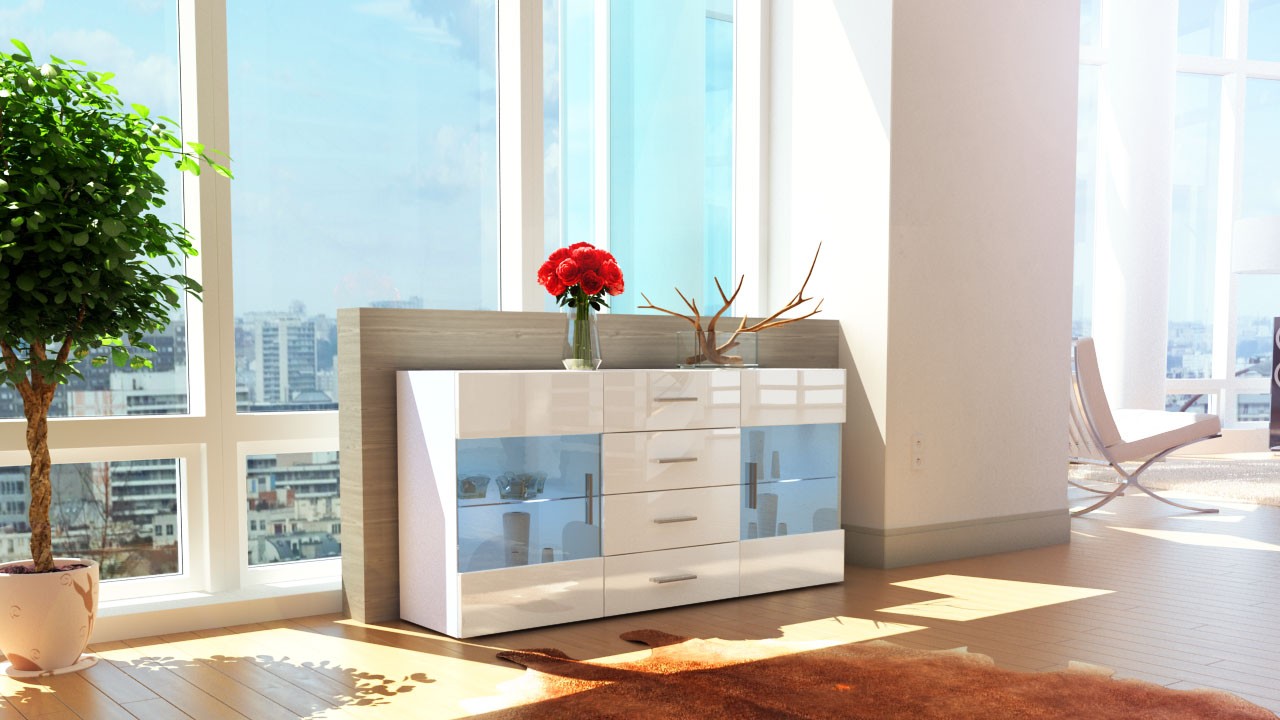 Buffet blanc 2 portes en verre