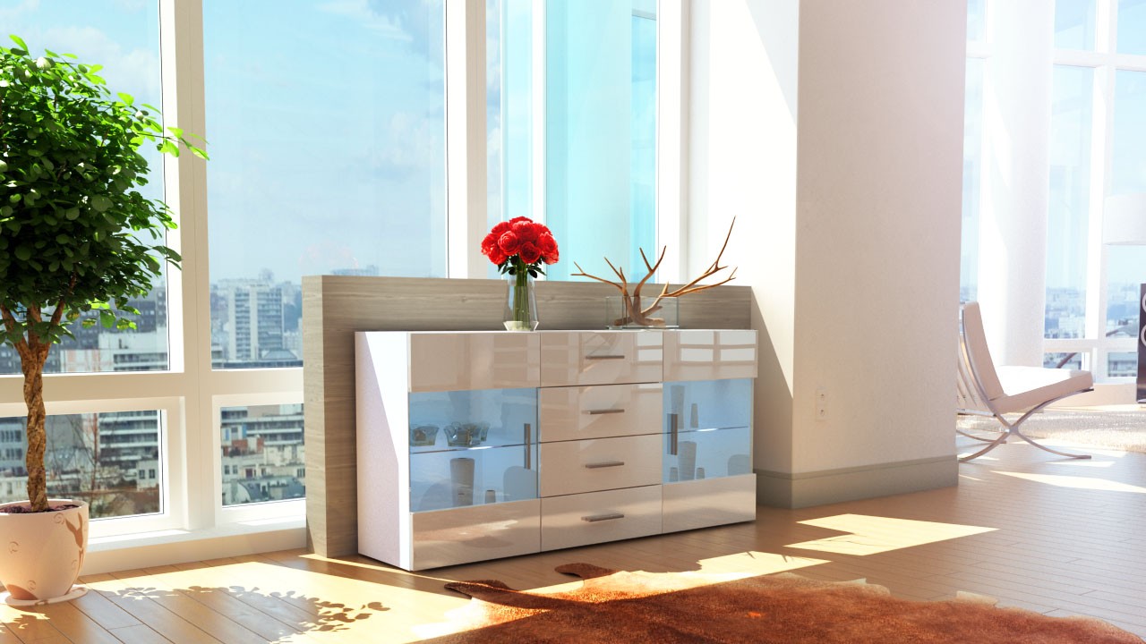 Buffet blanc 2 portes en verre