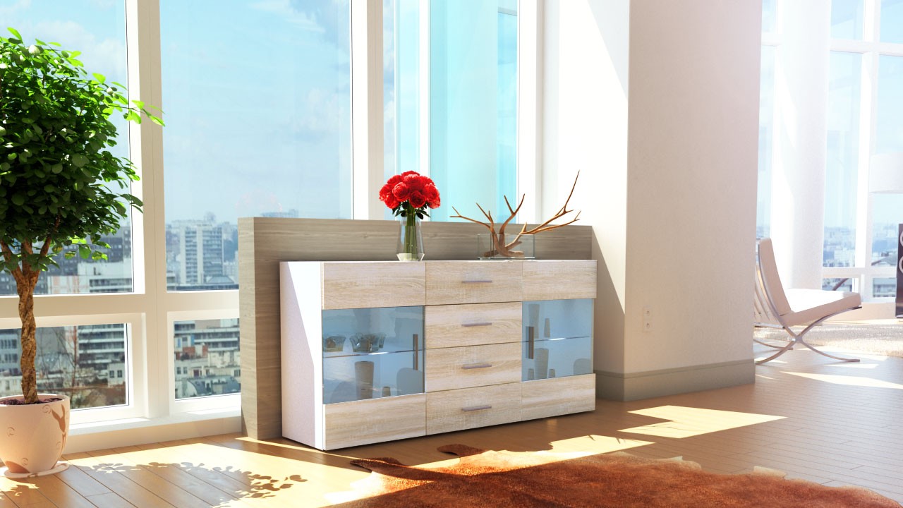 Buffet blanc 2 portes en verre