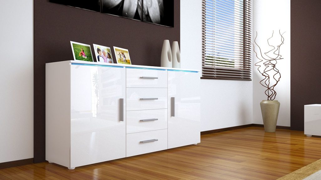 Buffet blanc 2 portes et 4 tiroirs moderne