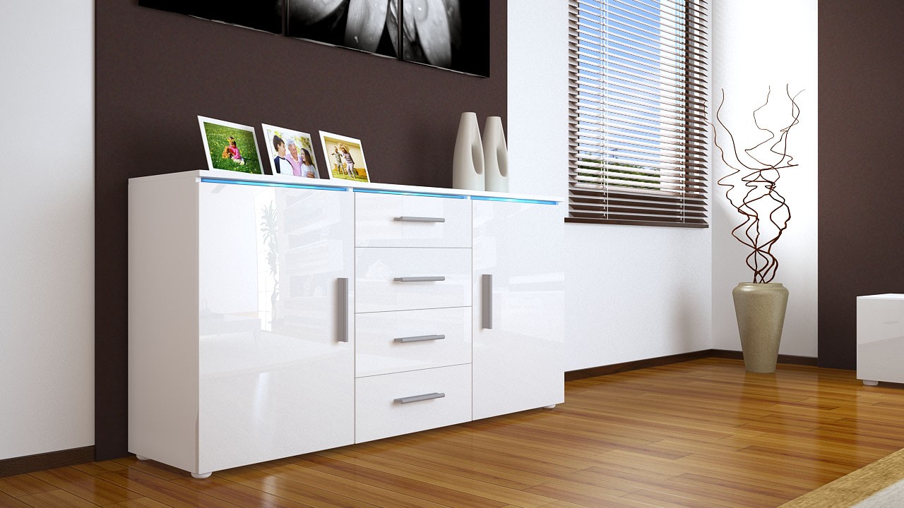 Buffet blanc 2 portes et 4 tiroirs moderne