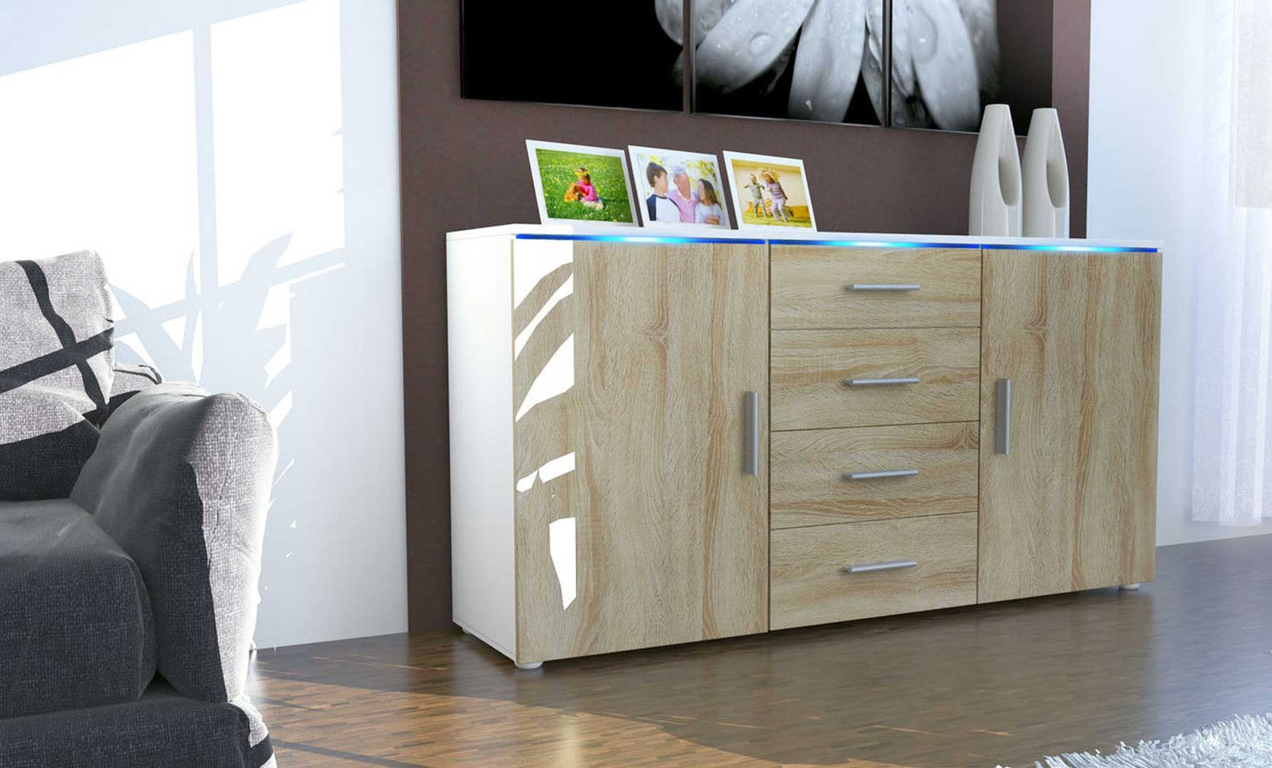 Buffet blanc 2 portes et 4 tiroirs moderne