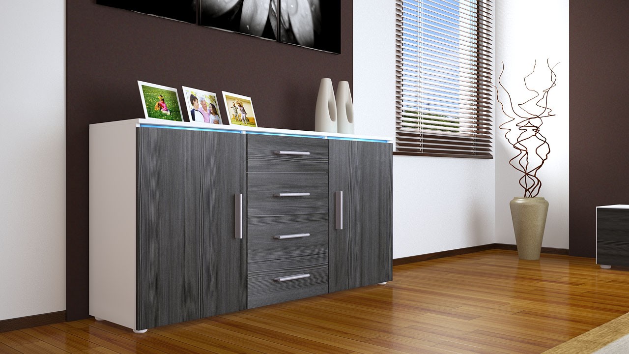 Buffet blanc 2 portes et 4 tiroirs moderne