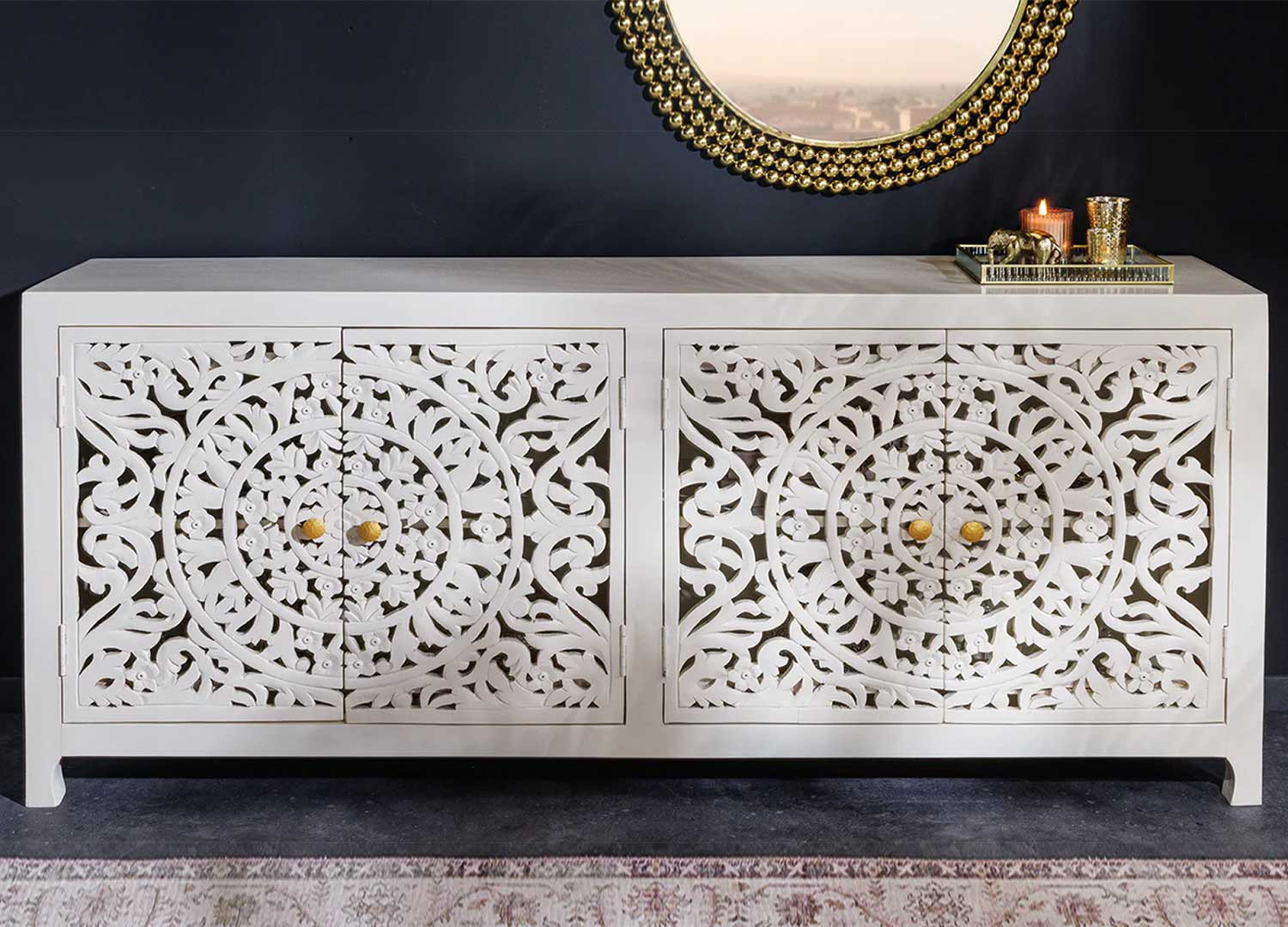 Buffet blanc en bois sculpté style oriental Azura