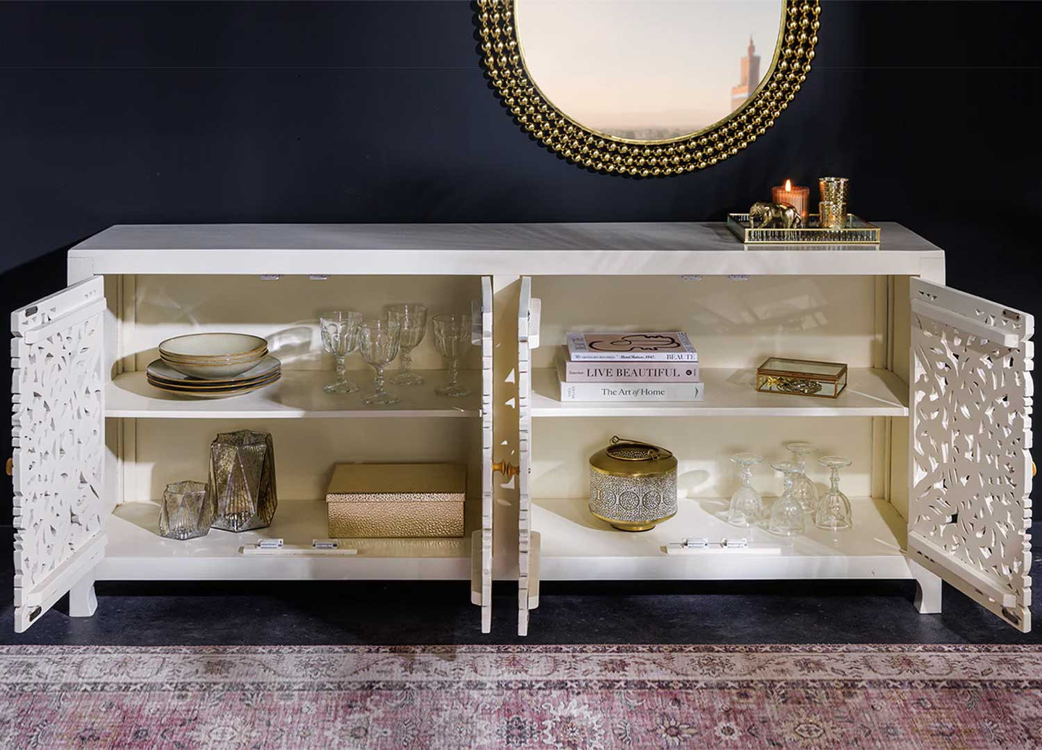 Buffet blanc en bois sculpté style oriental Azura