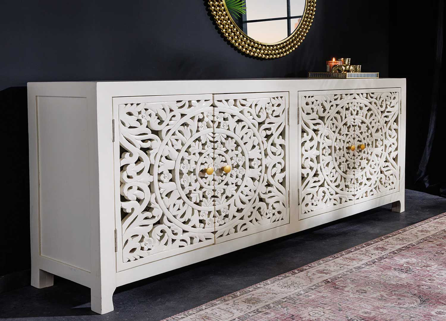 Buffet blanc en bois sculpté style oriental Azura