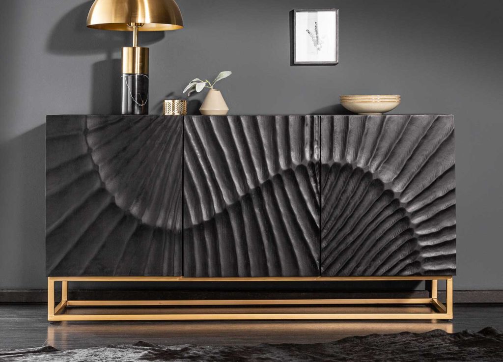 Buffet bois de manguier décor 3D et pied métal doré 140 cm