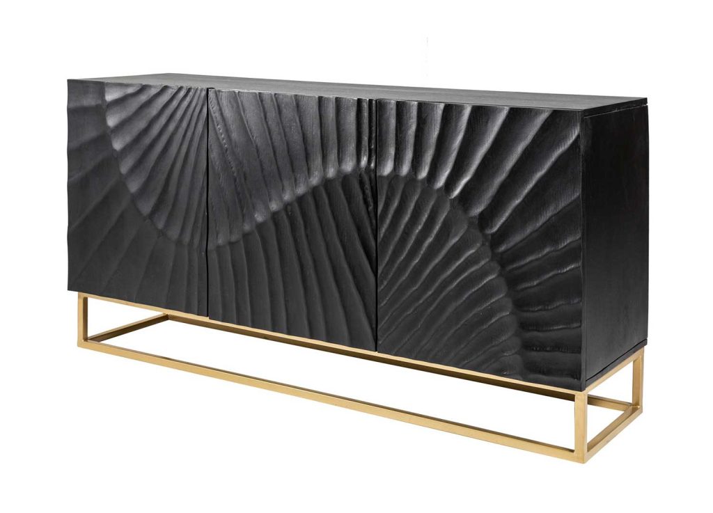 Buffet bois de manguier décor 3D et pied métal doré 140 cm