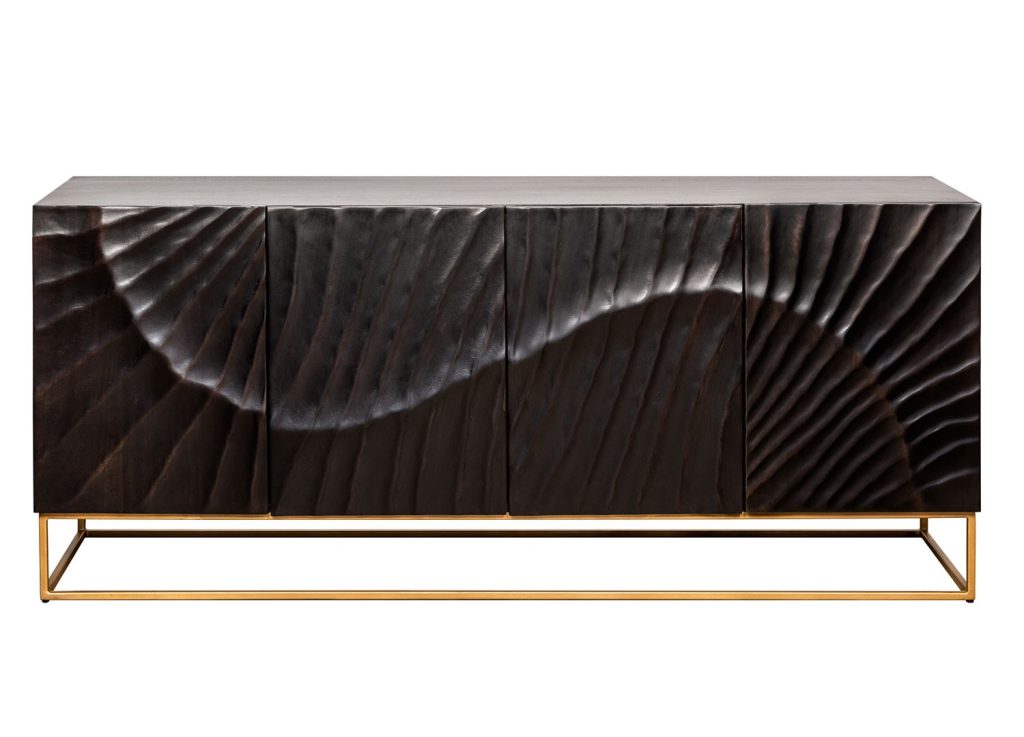 Buffet bois de manguier sculpture en 3D et pied métal doré 177 cm