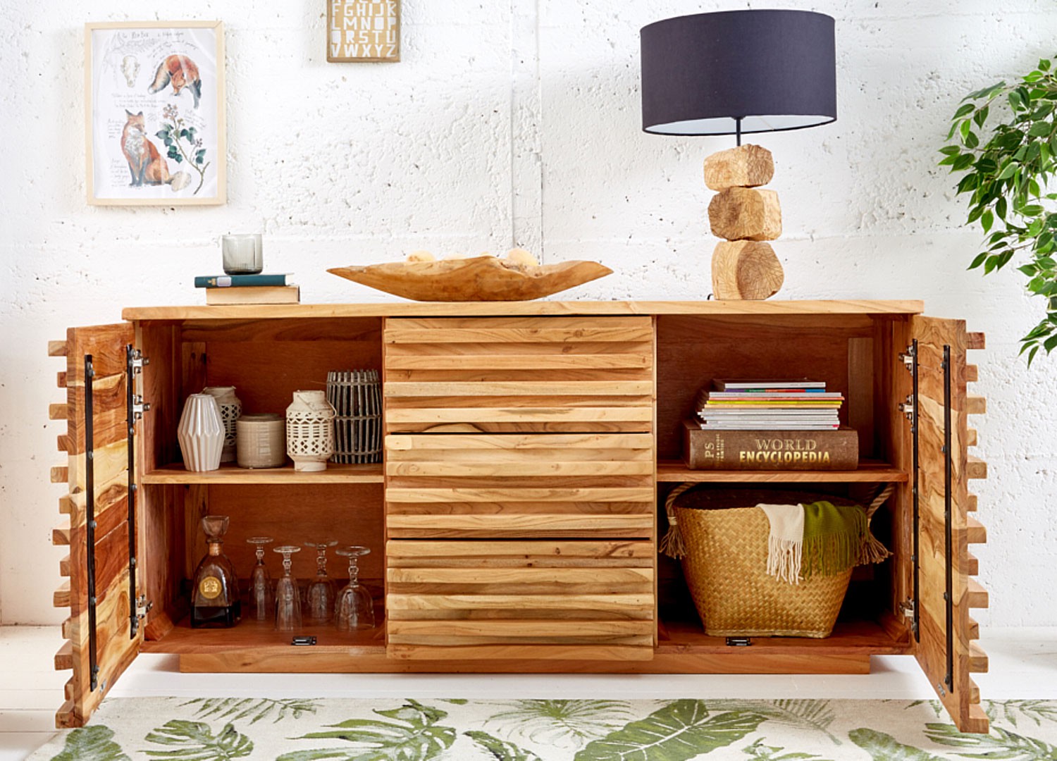 Buffet bois massif d'acacia 2 portes et 3 tiroirs 1m60