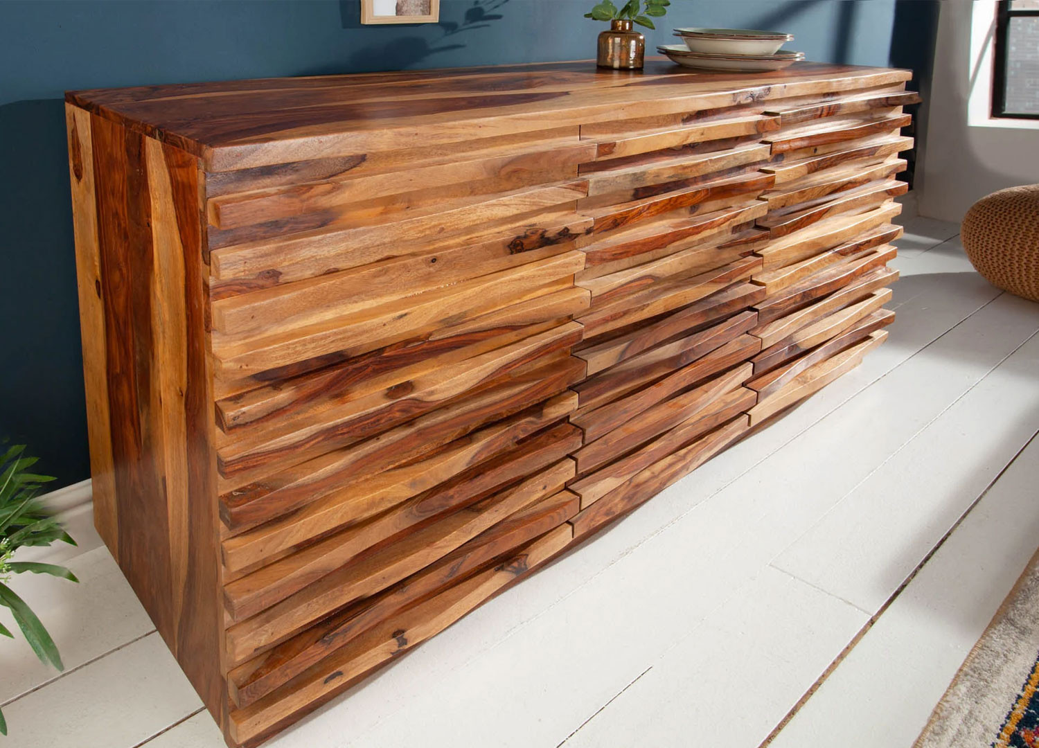 Buffet bois massif moderne sesham façades en relief 160 cm