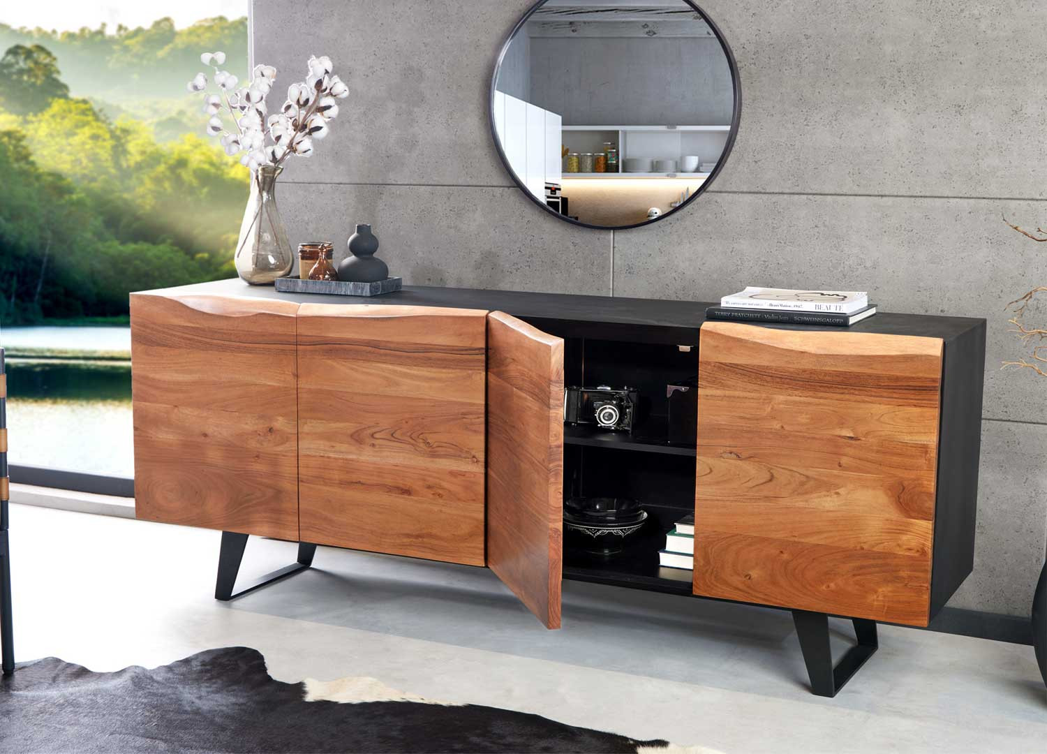 Buffet design 180 cm 4 portes anthracite et bois massif