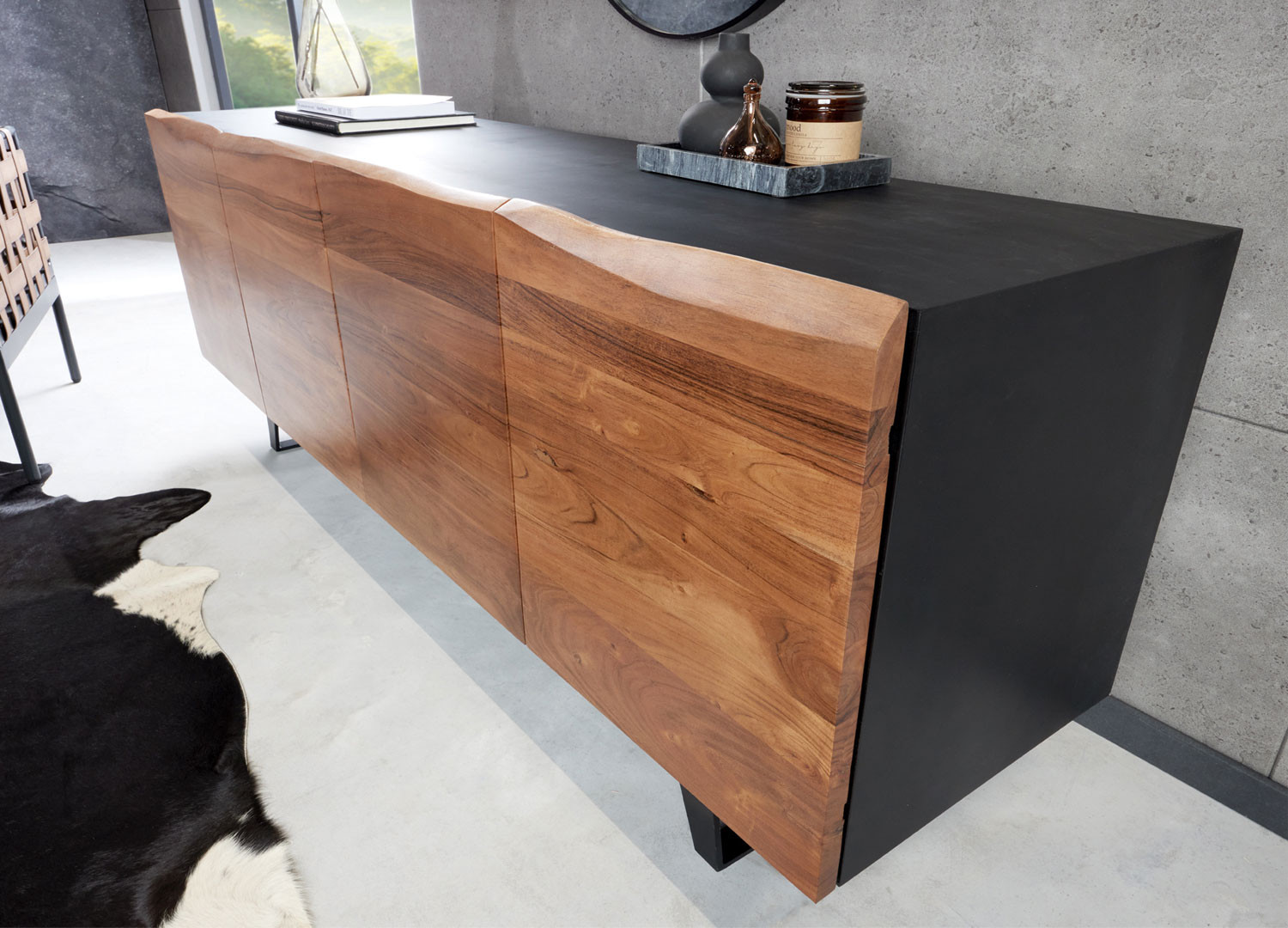 Buffet design 180 cm 4 portes anthracite et bois massif