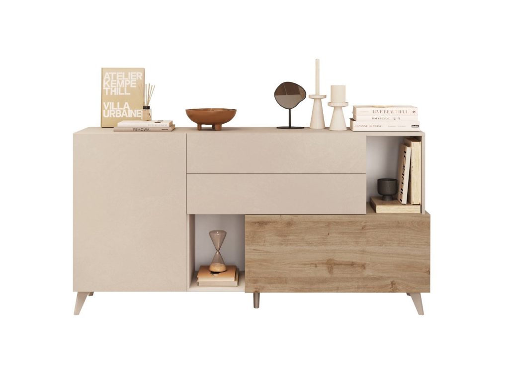 Buffet design 2 portes, 2 tiroirs et niches de rangement