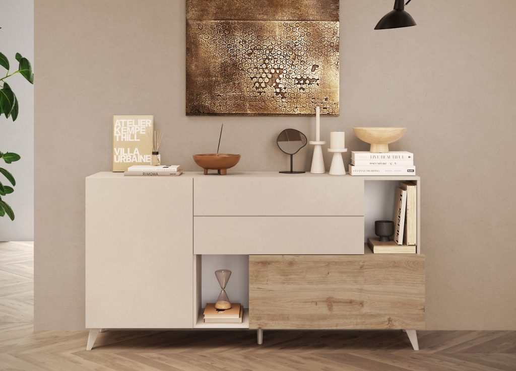 Buffet design 2 portes, 2 tiroirs et niches de rangement