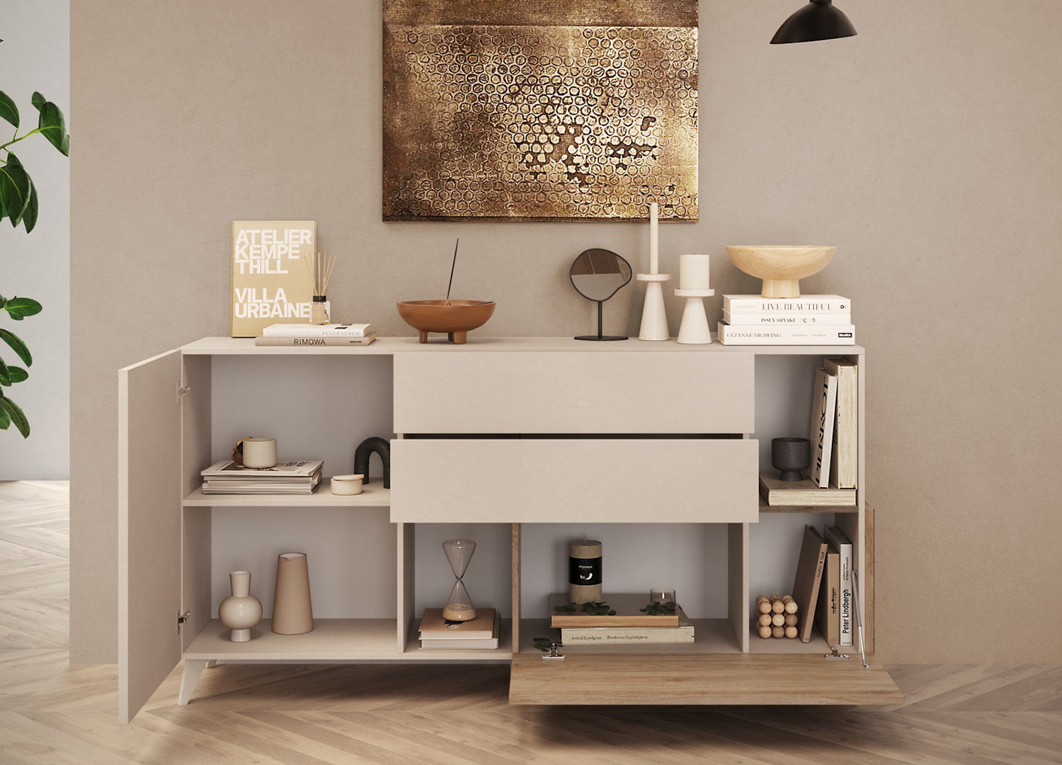 Buffet design 2 portes, 2 tiroirs et niches de rangement