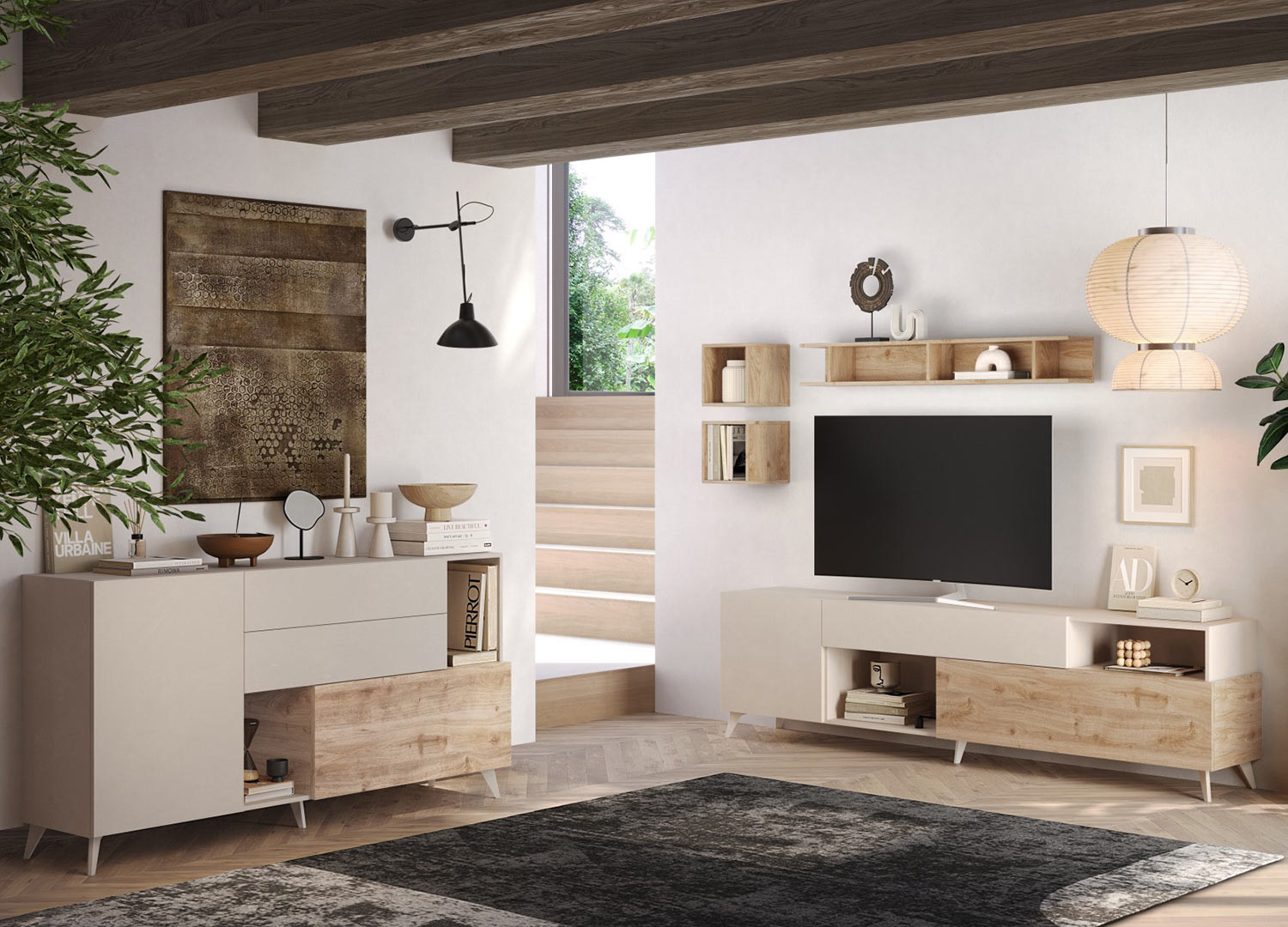 Buffet design 2 portes, 2 tiroirs et niches de rangement