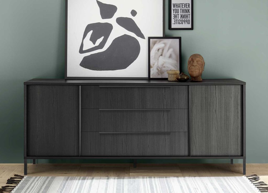 Buffet design 2 portes et 3 tiroirs 207 cm chêne noir