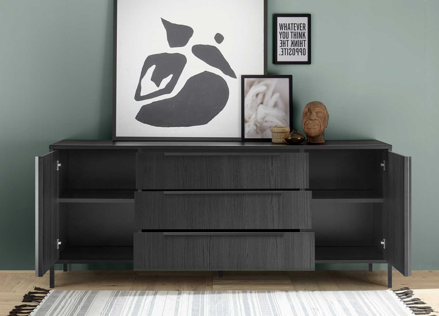 Buffet design 2 portes et 3 tiroirs 207 cm chêne noir