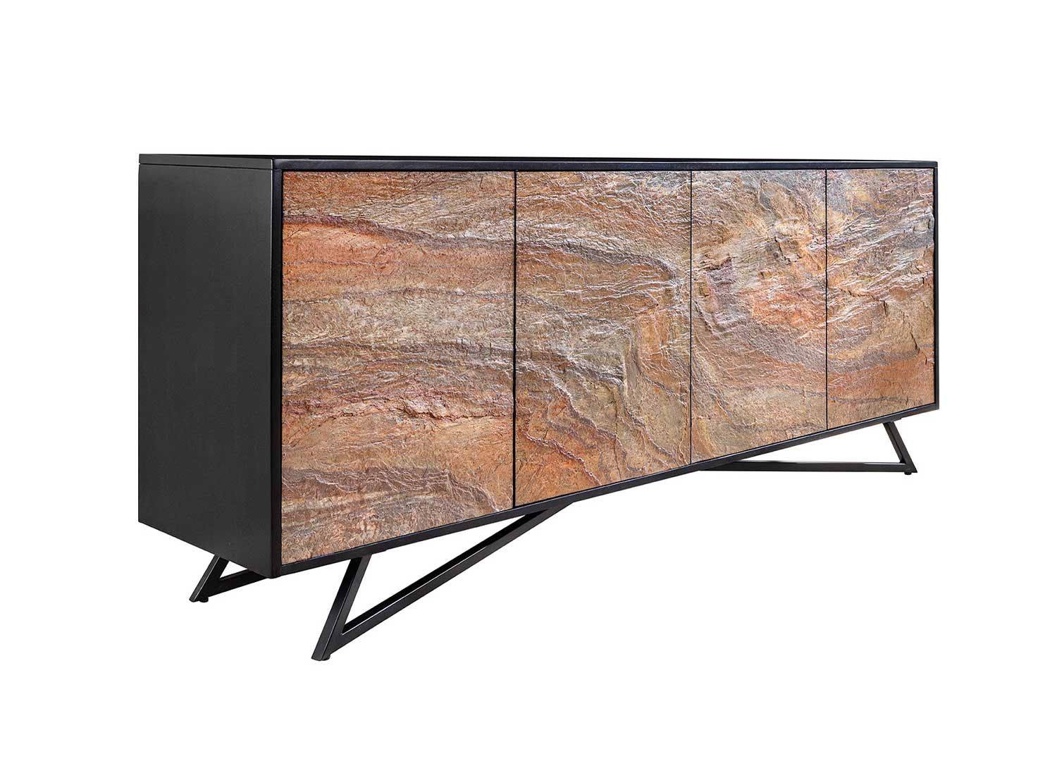 Buffet design 4 portes placage pierre et piétement métal noir Nino